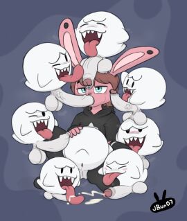 anthro anus balls bodily_fluids boo_(mario) bored_expression clothing cum fellatio genital_fluids genitals group group_sex hi_res jasbun07 jbun07 lagomorph leporid licking looking_at_viewer male male/male mammal mario_(series) nintendo oral orgy penile penis rabbit sex tongue tongue_out uninterested uninterested_sex waddling_head