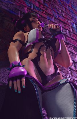 3d abs asian athletic athletic_female big_breasts blender breasts cameltoe dark_hair female half-dressed half_naked juri_han licking lolipop muscular muscular_female purple_eyes pussy smokescreen117 solo solo_female solo_focus street_fighter street_fighter_6 sweat underboob wraps
