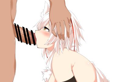 1boy absurdres animal_ear_fluff animal_ears bar_censor blush breasts censored commentary_request fellatio female hair_between_eyes hand_on_another's_head highres houkai_(collapse_illust) inubashiri_momiji irrumatio large_breasts looking_at_another male momiji_inubashiri open_mouth oral penis pom_pom_(clothes) profile shirt short_hair sideboob simple_background sleeveless sleeveless_shirt solo_focus straight textless_version touhou turtleneck turtleneck_shirt upper_body variant_set white_background white_hair white_shirt wolf_ears wolf_girl yellow_eyes