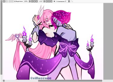 absurd_res ass ass_focus big_ass big_breasts brawl_stars breasts clothed clothed/nude colette_(brawl_stars) cosmic_hair crossover elysia_(herrscher_of_human:ego) elysia_(honkai_impact) female flame flames heart heart_symbol honkai_impact_3rd long_hair nude nude_female pink_hair pink_outline purple_body purple_eyes simple_background simple_shading size_difference smile smiling smiling_at_partner villweewee virgo_colette_(brawl_stars) white_body white_eyes