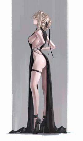 absurdres alternate_costume bangle black_dress black_shoes blonde_hair bracelet breasts closed_eyes closed_mouth commentary dress evelyn_chevalier female from_side grey_background hands_on_own_hips high_heels highres jewelry large_breasts multiple_bracelets no_bra no_panties profile ring_hair_ornament shoes sideboob sideless_dress skindentation solo standing stiletto_heels strappy_heels thigh_strap thighs two-tone_background white_background yu_pian zenless_zone_zero