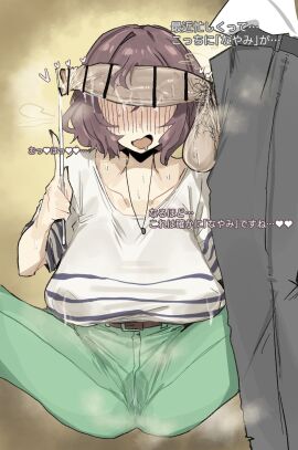 1boy 1girls amazed bangs bangs_over_one_eye bar_censor belt belt_buckle black_pants blush blush_lines bob_cut breast_rest breasts brown_fingernails brown_hair brown_nail_polish brown_nails brunette_hair camel_toe cameltoe cant_see_the_haters censored censored_penis clothed clothes clothing cock_shock crossed_arms drooling female fully_clothed gakuen_idolmaster green_pants hair_intakes hair_on_penis hair_over_one_eye hand_on_breast heart high-waist_pants high_waisted_pants holding_object human idolmaster imminent_sex japanese_text lactating lactation large_breasts large_penis leaking_milk leaking_nipples leebongchun legs_apart light-skinned_female light_skin long_fingernails long_nails male mature mature_female measuring necklace neo_asari nipples nipples_visible_through_clothing open_mouth partial_male penis penis_awe penis_covering_eyes penis_in_face penis_in_front_of_face penis_out penis_over_eyes pointy_chin precum precum_drip pussy pussy_juice pussy_juice_stain ruler sagging_breasts shirt short_hair spoken_heart steam steaming steaming_penis steamy_penis striped_clothing teacher text upper_body white_background white_shirt