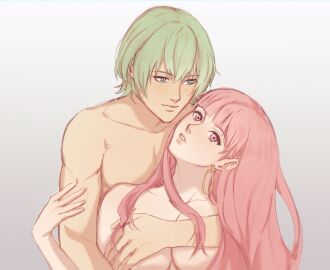 1boy 1girls alternate_hairstyle bangs breasts byleth_(fire_emblem) byleth_(fire_emblem)_(male) commission completely_nude covering_breasts earrings female fire_emblem fire_emblem:_three_houses green_eyes green_hair hair_down hilda_valentine_goneril hug large_breasts long_hair male nintendo nude nude_female nude_male perlmuttt pink_eyes pink_hair pudelmudel short_hair