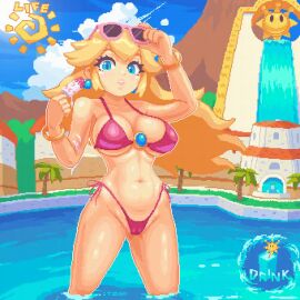 animated bikini blonde blonde_female blonde_hair breasts delfino_plaza female female_only gif ice_cream itzah mario_(series) nintendo pixel_animation pixel_art princess_peach super_mario_sunshine swimsuit water