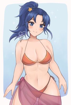 1girls alternate_costume bare_arms bare_midriff bare_shoulders bare_thighs bikini blue_background blue_eyes blue_hair breasts cleavage collarbone female female_only fire_emblem fire_emblem:_new_mystery_of_the_emblem kris_(fire_emblem) kris_(fire_emblem)_(female) large_breasts looking_at_viewer medium_hair midriff nintendo orange_bikini orange_swimsuit ponytail purrlucii sarong see-through shoulders smile solo swimsuit thighs