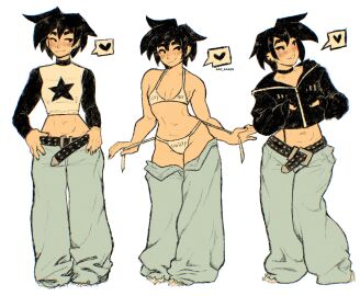 abs artist_logo artist_name artist_signature baggy_pants barefoot belt bikini bikini_bottom bikini_top black_belt black_choker black_eyes black_hair black_nail_polish blush bra breasts choker cindy_(sad_sasen) closed_mouth collage crop_top cropped_shirt feet_hidden female flat_chest full_body heart hidden_feet jacket jeans looking_at_viewer midriff midriff_baring_shirt nail_polish navel open_eyes original original_character panties pants pulling_panties sad_sasen sagging_pants short_hair small_breasts smile smiling speech_bubble speed_lines spiked_hair spiky_hair spoken_heart standing streetwear tagme teeth teeth_showing thong tomboy underwear white_bikini y2k_fashion