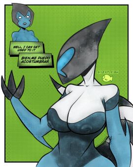 1girls alien alien_girl alien_humanoid arm_spikes artist_logo artist_name ben_10 big_breasts blue-skinned_female blue_body blue_skin breasts cartoon chaquetrix clawed_fingers claws english_text female grey_hair helmet helmet_over_eyes hourglass_figure humanoid kineceleran leotard lipstick nipples_visible_through_clothing no_pupils silent_fish spanish_text striped_tail tail text two-tone_clothing voluptuous wide_hips xlr8