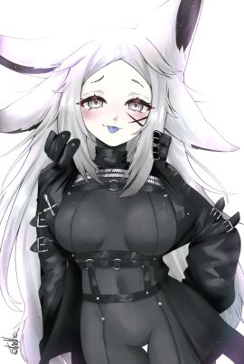 1girls :p animal_ear_fluff animal_ears bangs belt blush bodysuit breasts cowboy_shot dya_rikku_(vtuber) face_markings female fox_ears gloves grey_eyes hand_on_hip jacket large_breasts long_hair long_sleeves looking_at_viewer parted_bangs signature silver_eyes skin_tight smile solo striped tail tongue tongue_out very_long_hair virtual_youtuber vyugen white_background white_hair