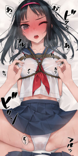 2girls arms_behind_back black_hair bondage bound breasts chest_harness female highres medium_breasts medium_hair midriff midriff_peek multiple_females multiple_girls murakami_suigun nipples one_eye_closed original panties pleated_skirt restrained rope sailor sailor_collar school_uniform serafuku shibari_over_clothes skirt sweat underwear
