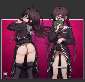 anus ass black_hair black_shirt black_skirt body_writing book braid clothes_lift danganronpa danganronpa:_trigger_happy_havoc feet_out_of_frame female female_pubic_hair fukawa_toko fukawa_touko genocider_shou gradient_background highres holding holding_book holding_scissors long_tongue messy_hair naytlayt neckerchief open_book panties panty_pull pubic_hair pussy sailor_collar school_uniform scissors shirt skirt skirt_lift thighhighs tongue tongue_out twin_braids twintails underwear