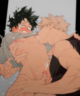 2boys abs ahe_gao anal bakugou_katsuki black_shirt blonde_hair blush boku_no_hero_academia crying cum curly_hair freckles gay glans green_eyes green_hair grey_shirt highres izuku_midoriya katsuki_bakugou legs male male/male masturbation midoriya_izuku mucus multiple_boys multiple_males my_hero_academia nooantkun penis pleasure_face sex shaking shirt shounen_jump small_penis spiked_hair tears teeth toned toned_male yaoi