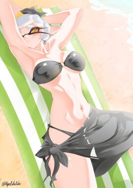 beach breasts female looking_at_viewer lying_on_back marie_(splatoon) nintendo posing_for_the_viewer smiling splatoon splatoon_(series) splatoon_3 summer swimsuit