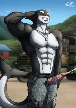 abs absurd_res alkan anthro big_pecs big_penis black_body bodily_fluids bottomwear cetacean clothed clothing cum cumshot dolphin dovel ejaculation erection genital_fluids genitals gesture handjob hi_res identification jewelry male male/male mammal marine masturbation military military_pants military_vehicle moobs multicolored_body muscular muscular_anthro muscular_male navel necklace nipples oceanic_dolphin open_bottomwear open_clothing open_pants orca pants pecs penile penis pink_penis salute sex soldier solo teeth toothed_whale topless topless_anthro topless_male two-tone_body vein veiny_penis warrior white_body yellow_eyes
