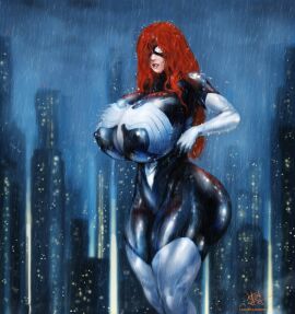 amrrr ass big_ass big_breasts black_bodysuit bodysuit breasts curvy_figure erect_nipples female ginger ginger_hair hourglass_figure impossible_bodysuit julia_carpenter latex latex_suit marvel marvel_comics mask masked masked_female nipples rain red_hair shiny_clothes solo solo_female spandex spider-man_(series) spider-woman superheroine tight_clothing wet_clothes