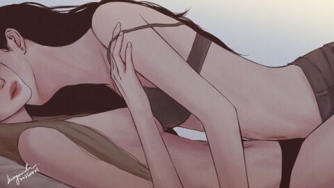 2girls black_hair dark_hair female female_only kissing kissing_neck kungwanla light_hair lying lying_on_back multiple_females multiple_girls neck_kiss neck_kissing original original_character original_characters yuri