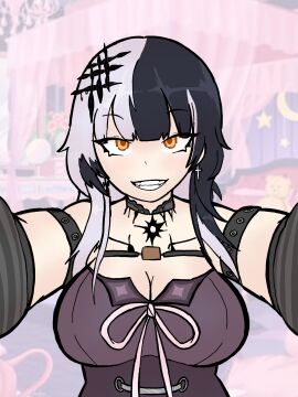 black_hair diddlesdoodles goth gothic hololive hololive_advent hololive_english makeup shiori_novella smile vtuber white_hair yellow_eyes