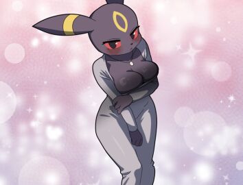 birds_eye_view blush blushing_at_viewer breasts cleav cleavage female grey_dress hakkimanime large_breasts long_dress looking_at_viewer necklace pokemon pokemon_(species) umbreon