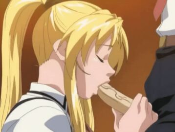 1boy 2006 animated bible_black bible_black_only blonde_hair closed_eyes fellatio female high_ponytail long_hair lowres male oral penis ponytail saeki_kaori school_uniform tagme veins veiny_penis