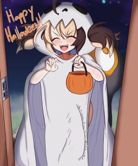 blonde_hair futa_only futanari gigi_murin halloween halloween_costume halloween_pumpkin halloween_theme hololive hololive_english hololive_english_-justice- intersex multicolored_hair naked_costume night smile tail virtual_youtuber vtuber xt_ecchi