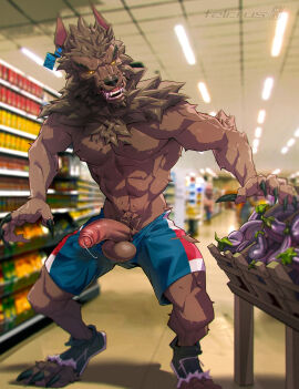 2015 2024 4_toes 5_fingers abs anthro areola arm_tuft artist_logo artist_name athletic_wear balls bara biceps big_balls big_muscles big_penis biped black_claws black_nose blurred_background blurred_foreground bodily_fluids bottomwear bottomwear_down broad_shoulders brown_body brown_fur canid canine canis cel_shading cheek_tuft chest_tuft chin_tuft claws clothed clothing container crotch_tuft curled_fingers depth_of_field digitigrade dripping ear_piercing ear_tag ears_back eggplant ejaculation elbow_tuft erection facial_tuft falcrus fangs feet finger_claws fingers fluffy_fur food footwear forearm_muscles foreskin fruit fur genital_fluids genitals glowing glowing_eyes goosebumps grocery_store gym_bottomwear gym_shorts head_tuft hi_res humanoid_genitalia humanoid_penis implied_transformation inside leaking_precum logo looking_at_food looking_at_object male mammal mane muscular muscular_anthro muscular_male mythological_canine mythological_creature mythology navel neck_tuft nipples open_mouth partially_clothed pawpads paws pecs penis piercing pink_nipples pink_pawpads pink_penis pivoted_ears plant pointy_ears precum precum_drip pubes public qr_code shaded shaggy_fur sharp_teeth shoes shorts shorts_down snout solo standing teeth text toe_claws toes topless topless_anthro topless_male torn_bottomwear torn_clothing torn_shoes torn_shorts tuft vegetable warm_colors werecanid werecanine werecreature werewolf werewolf_of_fever_swamp wolf yellow_eyes