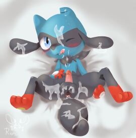 anthro anus ass bed blue_eyes blush blush_lines bodily_fluids cum cum_covered cum_in_ass cum_inside cum_on_tongue ear_flick fan_character furniture gay gay_anal gay_sex generation_4_pokemon genital_fluids genitals happy hi_res homosexual homosexual_male homosexual_sex humanoid_genitalia humanoid_penis lineless lying lying_on_bed male male/male male_only male_penetrated male_penetrating male_penetrating_male messy nintendo on_back on_bed penis pokemon pokemon_(species) riolu rioni shaded solo spread_anus spread_legs spreading tail tongue tongue_out yaoi zorio