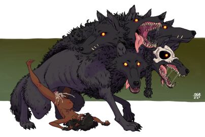 1girls 1monster black_fur black_hair breasts canine canine_penis cerberus completely_nude completely_nude_female cum cum_in_pussy cum_inside cum_overflow cumflated_belly cumflation dark-skinned_female dark_skin female fingerless_gloves glasses gloves glowing glowing_eyes interspecies long_hair mask monster multi_head nude oca oca-world original pointy_ears sex sharp_teeth size_difference skull_mask small_breasts stomach_bulge wolf zoophilia