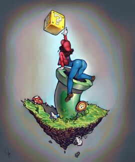 1girls 2024 absurd_res alternate_version_at_source alternate_version_available ass brown_hair clothed clothed_female denim_clothing extinctyellow female female_only genderswap genderswap_(mtf) gloves hat hi_res long_sleeves mario mario_(series) mushroom nintendo pipe piranha_plant power_up red_clothing rule_63 solo solo_female thin_female watermarked_at_source