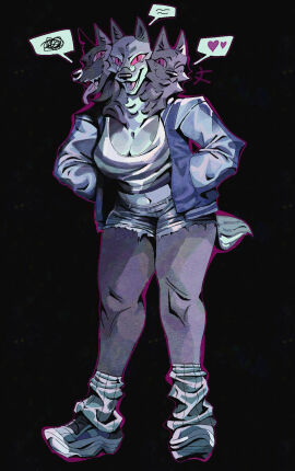 3_heads :3 big_bad_wolf big_breasts big_shoes breasts bunnyhazedayz canine cerberus cleavage confusion denim_shorts evil_eyes evil_face female footwear front_view full_body furry glasses glasses_on_nose hands_in_pockets heart_symbol hearts huge_breasts jacket knees leg_warmers multi_head outline purple_outline rule_63 running_shoes schizophrenia sharp_teeth shorts small_glasses snout solo solo_female speech_bubble spoken_heart sport_shoes standing tank_top teeth thick_thighs tongue wide_hips wink winking