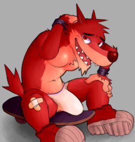 1boy 2022 anthro atlus bandaid bandaid_on_knee black_bracelet blush boner bracelet bulge canid canine canis decker_(go!_go!_hypergrind) erection erection_under_underwear fleshformomo footwear fur furry furry_only gay go!_go!_hypergrind grey_background hand_behind_head looking_at_viewer male male_only red_eyes red_fur simple_background skateboard solo tail underwear video_games white_underwear wolf