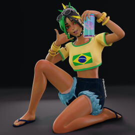 1girls 3d bikini_tan black_background blender blender_(software) blenderanon brazil brazilian brazilian_flag brazilian_miku_(cosplay) daisy_dukes dark-skinned_female dark_skin feet female fortnite fortnite:_battle_royale glasses_on_head green_eyes helsie_(fortnite) holding_drink holding_object latin_american_hatsune_miku_(meme) looking_at_viewer meme midriff multicolored_hair solo solo_female solo_focus tagme tan_body tan_line tan_lines tanline tanlines tanned tanned_body tanned_female thighs thin_waist toes watermark