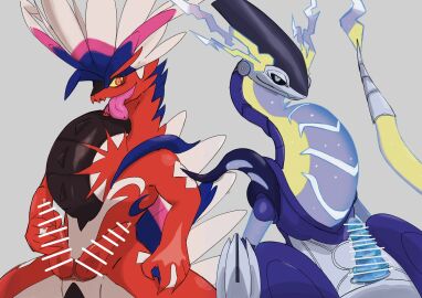 2023 2_penises absurd_res animal_genitalia animal_penis bodily_fluids duo erection generation_9_pokemon genital_fluids genital_slit genitals hemipenes hi_res kagura_0471 looking_at_viewer male monotone_background multi_genitalia multi_penis nintendo penis pokemon pokemon_(species) precum species_request tongue tongue_out