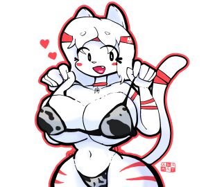 1girls 2024 accessories akamat bandana bianca_(akamat) big_breasts big_thighs blush bra breasts cat_girl cat_tail catgirl collar cow_print digital_media_(artwork) domestic_cat female female_only furry heart heart_symbol holding_bra holding_breast shaded smile smiling_at_viewer tail white_body white_fur