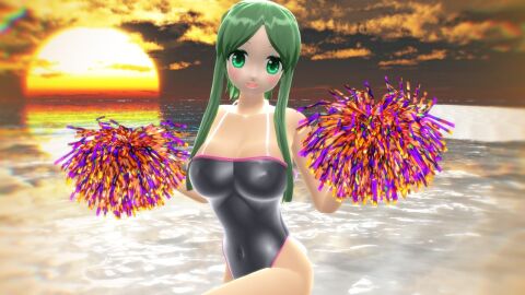 1girls 2023 3d beach belly_button black_swimsuit breasts cleavage clouds female green-haired_female green_eyes hati_yukkuri_mmd hidden_star_in_four_seasons holding_pom_poms human jpeg light-skinned_female light_skin long-haired_female looking_at_viewer mmd one_leg_up outdoors pom_poms sky solo_female solo_focus sunset swimsuit teireida_mai touhou waist water