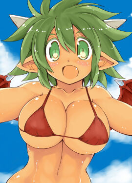 1girls arms_outstretched big_breasts blue_sky blush breasts cleavage clouds collarbone cute_fang draco_centauros dragon_girl dragon_horns dragon_humanoid dragon_wings eye_contact female green_eyebrows green_eyelashes green_eyes green_hair green_pupils highres horned_wings hourglass_figure large_breasts madou_monogatari messy_hair micro_bikini navel open_mouth pointy_ears puyo_puyo puyo_puyo_fever red_bikini red_bikini_top red_wings sakaki_(noi-gren) short_hair slim_waist swimsuit tanned_skin tomboy video_games white_horns wide_hips wings