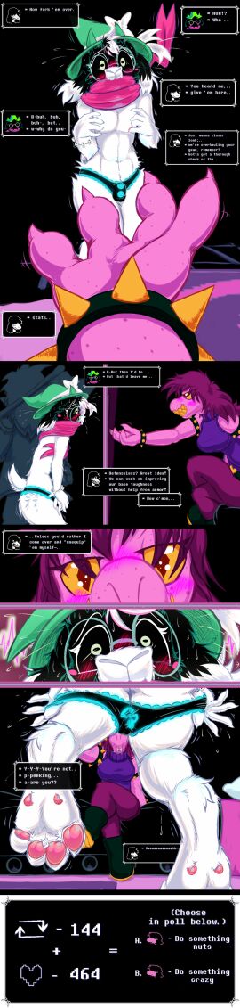 absurd_res anthro armband ass bed bedroom_eyes blush bodily_fluids boots bovid bracelet breasts bulge caprine claws clothing deltarune dialogue dinosaur duo embarrassed english_text eyewear fangs female fluffy footwear forked_tongue freckles friendship_bracelet frilly frilly_clothing frilly_underwear frist44 fur furniture glasses goat grin hair hat headgear headwear hi_res hindpaw horn jewelry long_image male mammal narrowed_eyes panties pawpads paws pink_body pink_hair ralsei reptile scalie scarf seductive sharp_teeth shocked simple_background smile spiked_armband spiked_bracelet spikes susie_(deltarune) sweat tall_image teeth text tongue undertale_(series) underwear undressing white_body white_fur white_ribbon wizard_hat yellow_sclera yellow_teeth