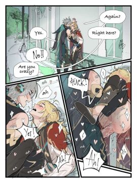 2boys against_wall alhaitham_(genshin_impact) alisartic1 annoyed_expression blonde_hair carrying carrying_partner clothed clothed_male clothed_male_nude_male clothed_sex gay_sex genshin_impact grey_hair in_public kaveh_(genshin_impact) male male_only no_sound nude nude_male penis public public_sex text text_bubble visible_penis_shape yaoi