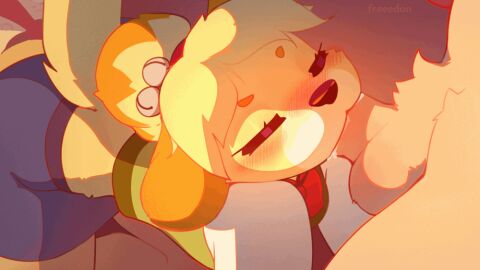 1boy 1girls 2d all_fours animal_crossing animated anthro anthro_on_anthro anthro_only black_eyelashes black_nose blowjob blue_skirt blush_lines canid canis closed_eyes clothes crotch_tuft dog dog_girl domestic_dog faceless_male feet_out_of_frame fellatio female female_focus female_on_knees floppy_ears freeedon fully_clothed fully_clothed_female furry furry_only green_topwear hands_and_knees hands_out_of_frame isabelle_(animal_crossing) loop looping_animation male nintendo no_humans no_pubic_hair no_visible_nipples on_knees oral orange_ears orange_eyebrows penis saliva saliva_on_penis small_waist solo_focus straight tongue tongue_out video_game video_game_character video_games wagging_tail yellow_body yellow_skin