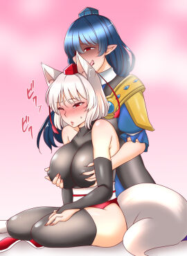 2girls animal_ear_fluff animal_ears bare_shoulders black_bridal_gauntlets black_thighhighs blue_dress blue_hair blue_headband blush breasts bridal_gauntlets closed_mouth commentary_request covered_collarbone covered_erect_nipples dress female grabbing grabbing_another's_breast grabbing_from_behind gradient_background hat headband iizunamaru_megumu inubashiri_momiji large_breasts lips long_hair momiji_inubashiri multiple_females multiple_girls narrowed_eyes nose nose_blush obi one_eye_closed pointy_ears red_eyes red_headwear saliva sash shaded_face shiraue_yuu short_hair shoulder_guard sitting sleeveless sleeveless_turtleneck sweatdrop tail tearing_up thighhighs tokin_hat tongue tongue_out touhou translation_request turtleneck white_hair wolf_ears wolf_tail yuri