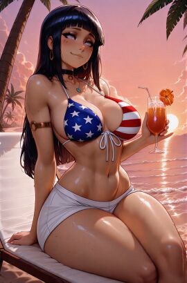 1girls ai_generated american_flag_bikini beach beachside bikini black_hair drink female hi_res high_resolution holding_drink hyuuga_hinata long_hair naruto naruto_(series) naruto_shippuden necklace outdoors solo solo_female straight_hair upscaled