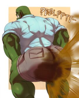 albyuntae bald bara beard bottomwear closed_eyes clothing crouching facial_hair fart fart_cloud fart_fetish feces hands_on_knees hands_on_legs hi_res humanoid male male_fart male_only muscular muscular_humanoid muscular_male onomatopoeia orc polo_shirt scat shirt shorts soiling solo sound_effects text topwear tusks yaoi