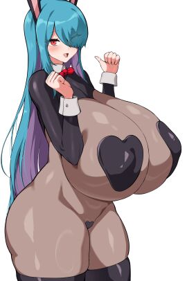 1girls black_pasties black_thighhighs blue_hair blush bodystocking bodysuit bowtie breast_squish breast_suppress breasts bunny_ears bunnysuit cowboy_shot female female_focus female_only gigantic_breasts hair_over_one_eye heart_pasties light-skinned_female light_skin long_hair looking_at_viewer nipple_pasties original original_character pasties purple_hair red_eyes sagging_breasts simple_background skindentation smile smiling_at_viewer thick_thighs thighhighs tiger_drop tongue two-tone_hair white_background