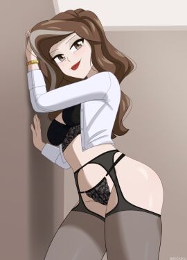 1milf 2025 against_wall black_lingerie brown_eyes brown_hair deviantart_link female functionally_nude garter_belt garter_straps human lace-trimmed_panties legwear light-skinned_female light_skin lingerie long_sleeves looking_at_viewer mature_female medium_hair milf no_ai oc open_clothes original original_character partially_clothed red_lipstick riouku solo thighhighs white_clothing yovana