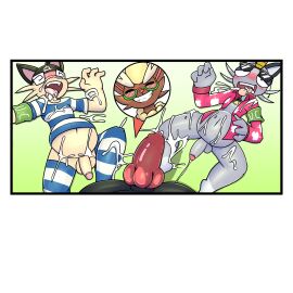 1:1 4_fingers alolan_form alolan_meowth animal_genitalia animal_penis anthro balls biped blush blush_lines bodily_fluids canine_genitalia canine_penis closed_eyes clothed clothing cum cum_inside eyewear felid feline female fingers generation_1_pokemon generation_4_pokemon generation_7_pokemon genital_fluids genitals glans group hi_res humanoid_genitalia humanoid_penis inflation knot lopunny male male/male male_lopunny male_only mammal meowth neko3240 nintendo open_mouth pattern_clothing penis pokemon pokemon_(species) regional_form_(pokemon) smile striped_clothing stripes sunglasses trio