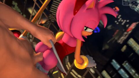 1boy 1girls 2023 20s 3d amy_rose animated animated_gif anthro ass balcony big_penis bottomwear building city clothing digital_media_(artwork) duo eulipotyphlan female genitals hedgehog human human_on_anthro interspecies male male/female mammal meklab mobian_(species) outside penis pink_body rodent sega sex size_difference skirt smile sonic_(series) sonic_the_hedgehog_(series) tagme tail