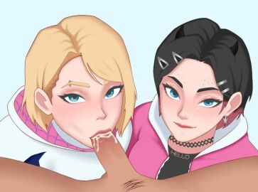 1boy 2girls black_hair blonde_female blowjob clove_(valorant) eyebrow_piercing female gwen_stacy light-skinned_male light_skin male marvel marvel_comics nonbinary penis spider-gwen spider-man:_into_the_spider-verse valorant