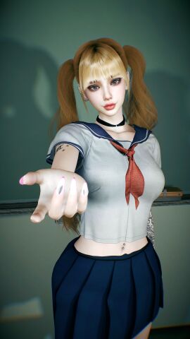 1girls 3d 4k blonde_hair breasts choker chromatic_aberration classroom crashbanditkut ear_piercing eyeshadow female female_focus glitter grey_eyes gyaru hair hi_res high_resolution highres light-skinned_female light_skin lips long_hair long_nails looking_at_viewer makeup nail_polish navel navel_piercing nose_piercing nose_ring original original_character piercing school school_uniform schoolgirl schoolgirl_uniform shirt skirt small_breasts smile smiling smiling_at_viewer solo tattoo tattoos tie twintails uniform virt-a-mate virtamate