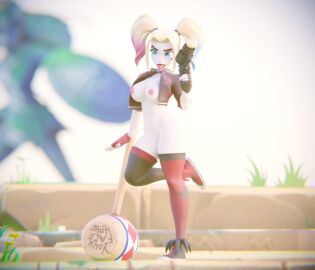 1girls 3d batman_(series) big_breasts blonde_hair blue_eyes breasts dc dc_comics female fingerless_gloves hammer harley_quinn harley_quinn_(multiversus) highres its-gergless light-skinned_female light_skin multiversus naked_footwear nipples pale-skinned_female pale_skin pink_nipples pussy shaved_pussy solo solo_female thighhighs tongue tongue_out twintails vagina