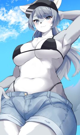 1girls 2d 2d_(artwork) :3 anthro armpits big_breasts bikini_top breasts cap cloud colored digital_media_(artwork) female furry grey_fur hand_on_head hi_res long_hair looking_at_viewer maru_mao_(artist) shorts sky_background smiling_at_viewer white_ears white_fur