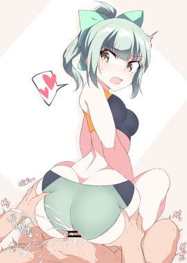 1boy 1girls aqua_hair bikini breasts buruma buttjob buttjob_over_clothes censored cum cum_on_ass cum_on_body cum_on_stomach ejaculation female grabbing_another's_ass green_ribbons groping hair_ribbon heart kantai_collection looking_back male open_mouth penis pointless_censoring ponytail ribbon shigino_sohuzi small_breasts spoken_heart sports_bikini straight track_uniform wide_hips yellow_eyes yuubari_(kancolle)