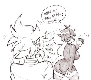 1boy 1girls ass ass_up aunt aunt_hellen_(insouwu) beard belly big_ass big_breasts big_butt blush blushing boobs breasts butt_up cigarette_pack collar dean_(shecallmymelon) earring earrings female female_focus hair_over_one_eye holding holding_object insouwu legs long_hair looking_back male massive_ass massive_butt messy_hair milf nipples_visible_through_clothing oc original_character ponytail pose shirt short_hair sketch sweater teasing text text_bubble thick thick_hips thick_thighs thigh_highs thighhighs thighs